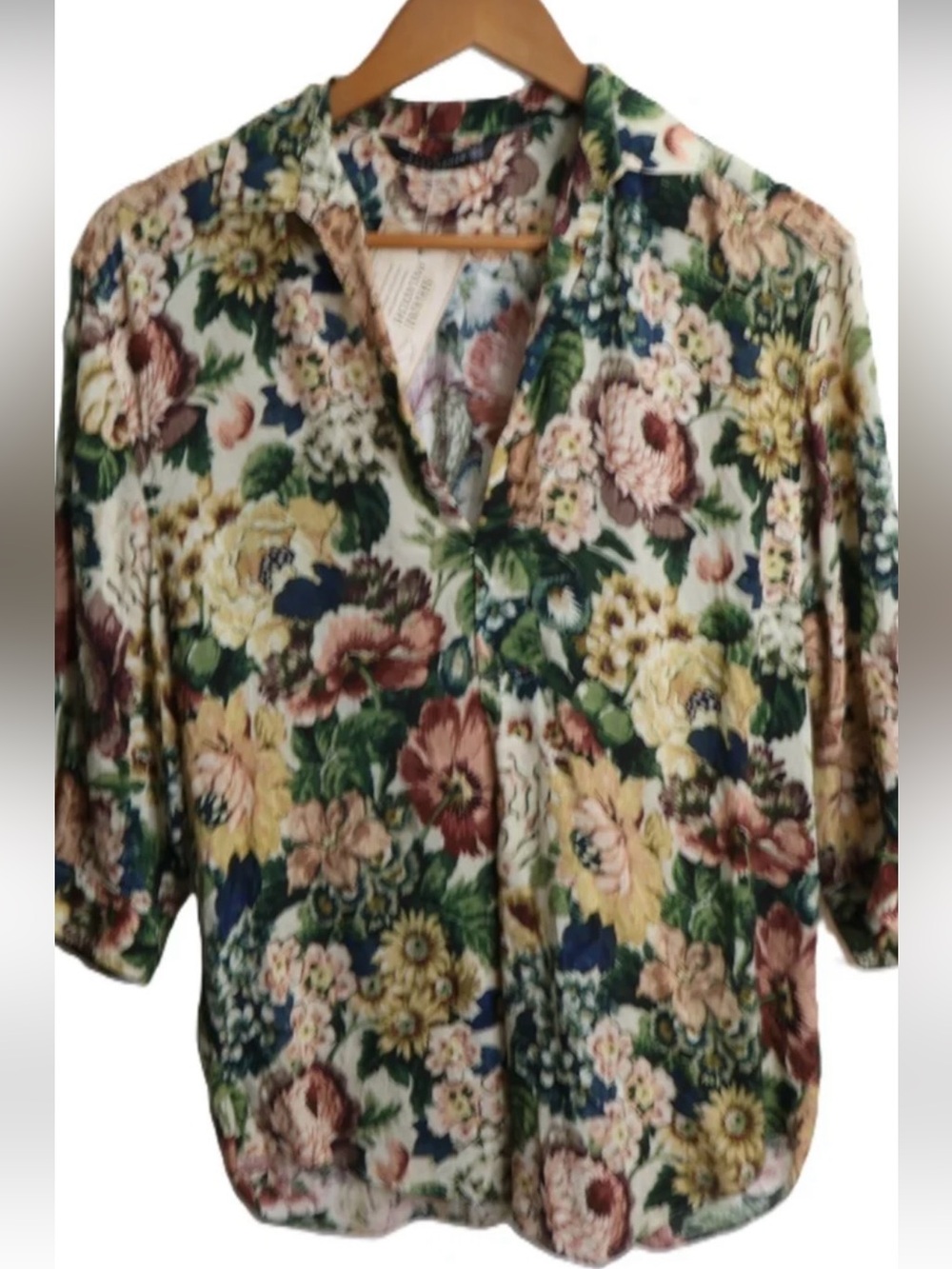 Zara Floral V-Neck Blouse in Green, Yellow & Navy
